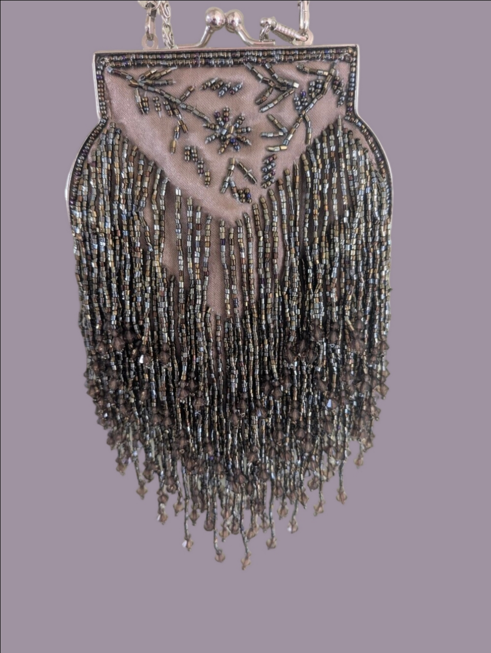 Vintage Inspired Flapper Bag Beaded Fringe Evening Bag Kiss Lock Taupe Gunmetal